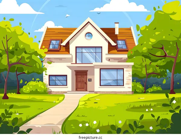 Cartoon Illustration of a Two Story House With a Front Yard