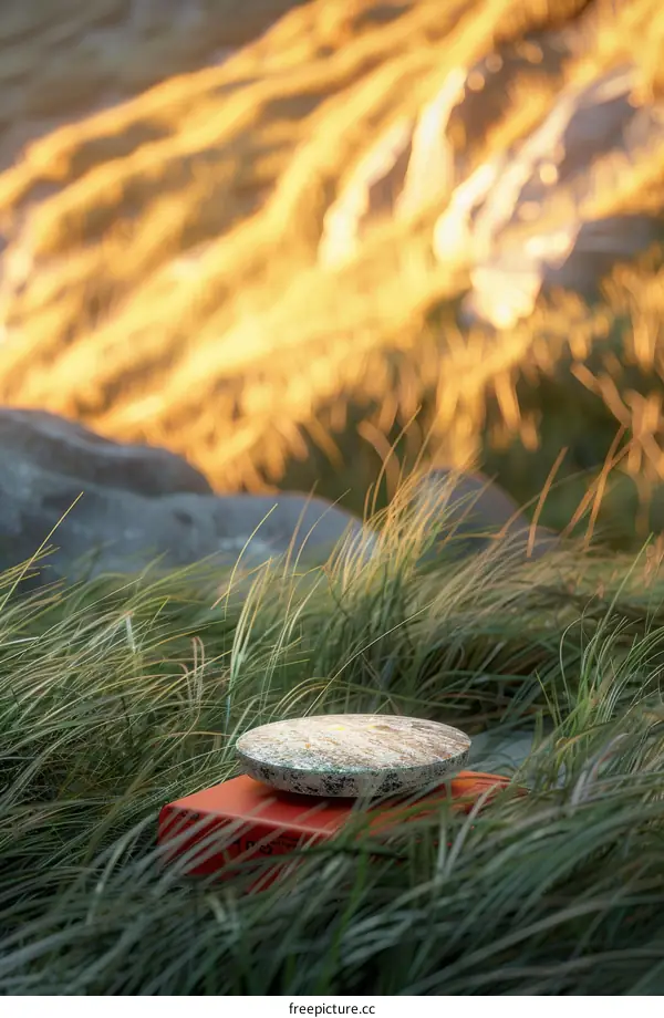 Close-up of a marble podium on a grassy hill at sunset