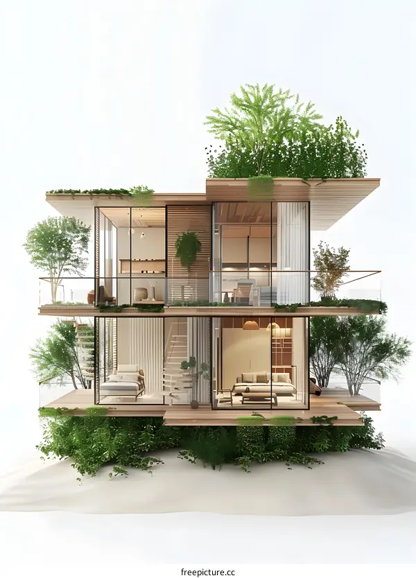 Modern House Design With Green Roof And Surrounding Greenery