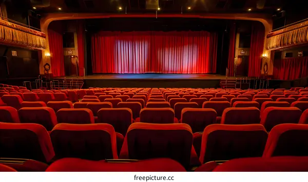 Empty Theater Seats and Red Stage Curtains