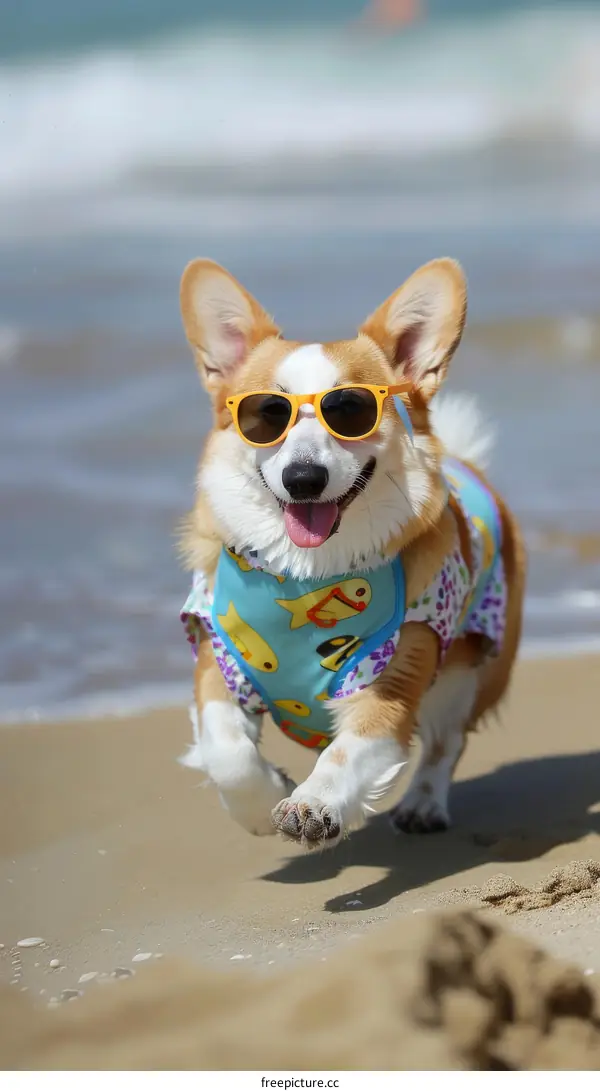 A happy corgi wearing sunglasses runs on the beach