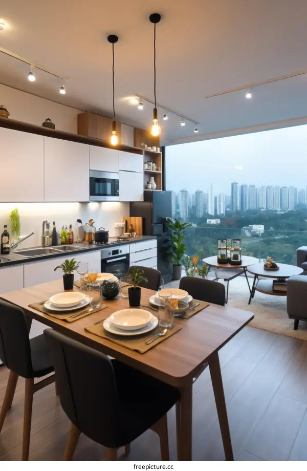 An illustration of a dining room with a view of the city