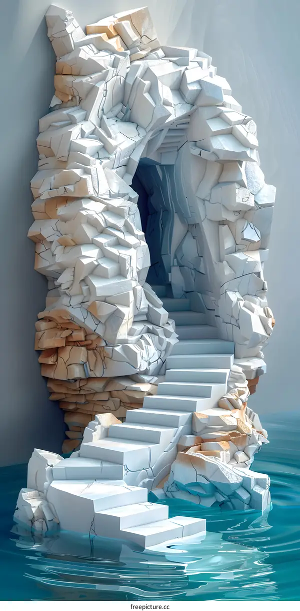 stairs lead to a cave on a body of water