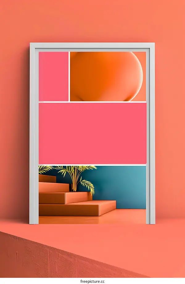 Abstract Art Poster With Stairs Plant And Geometric Shapes