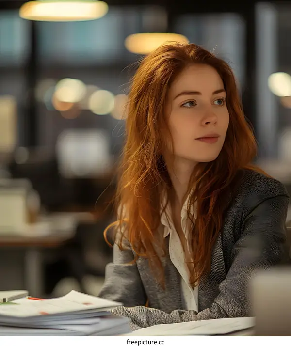 portrait of a young woman in a gray jacket looking away from the camera