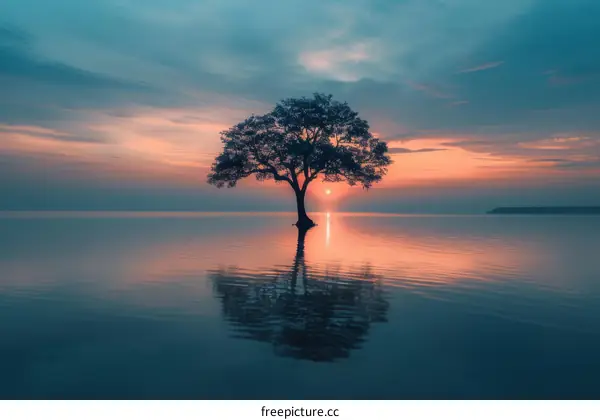 Lonely Tree at Sunset in the Ocean