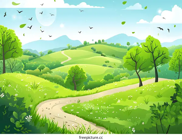 Green Landscape with Winding Path and Birds Flying in the Sky