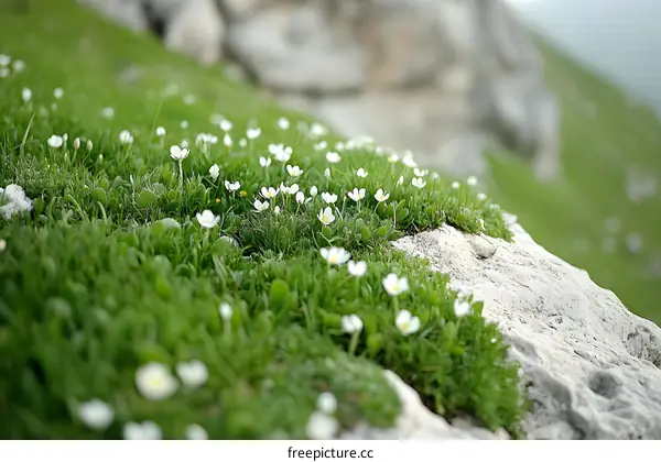 White Wildflowers Growing on a Green Grassy Cliff