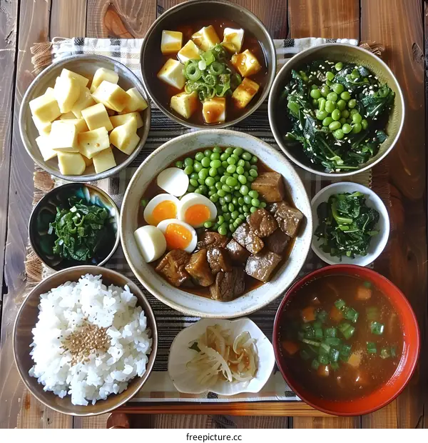 A delicious Japanese meal with rice, soup, and various side dishes