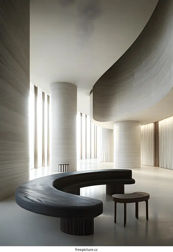 Modern Minimalist Architecture Interior Design Curved Bench and Table in Lobby