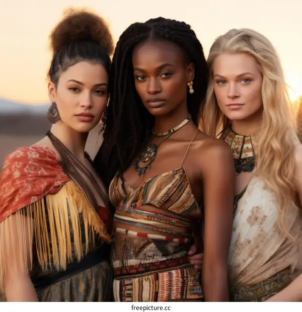 Three Women from Different Cultures in Traditional Attire
