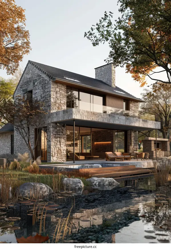 Modern stone house with large glass windows and a pool