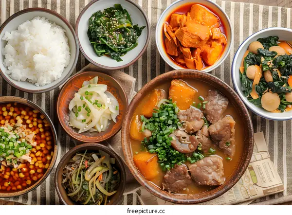 Korean Food Dishes with Meat and Vegetables