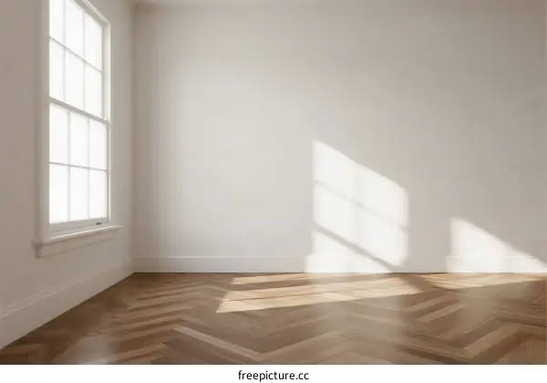 Bright and empty room with wooden floor and large window
