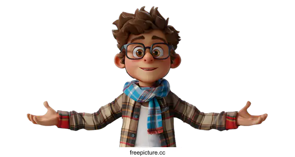 [Transparent Background PNG]A 3D rendering of a boy wearing glasses and a plaid shirt