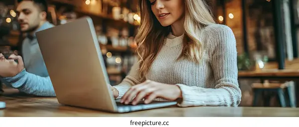 Woman working on laptop at cafe