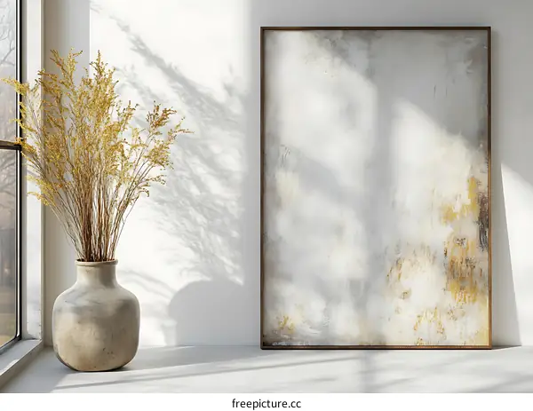 Abstract Painting Mockup with Dried Flowers in Vase