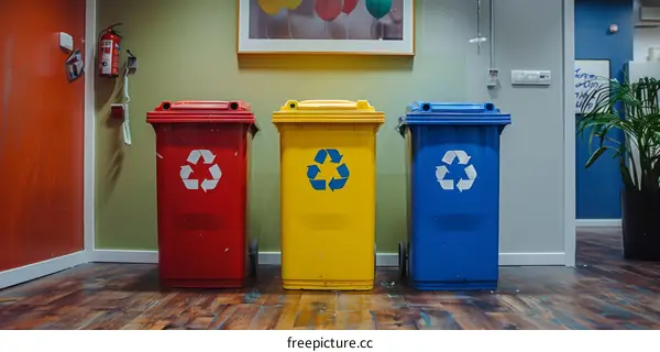 Colorful Recycle Bins in an Office