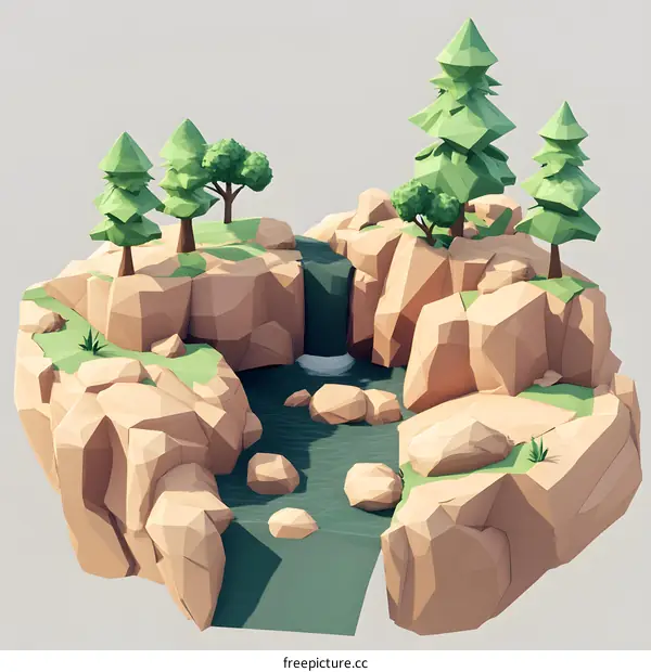 Low Poly Waterfall Scene with Trees and Rocks