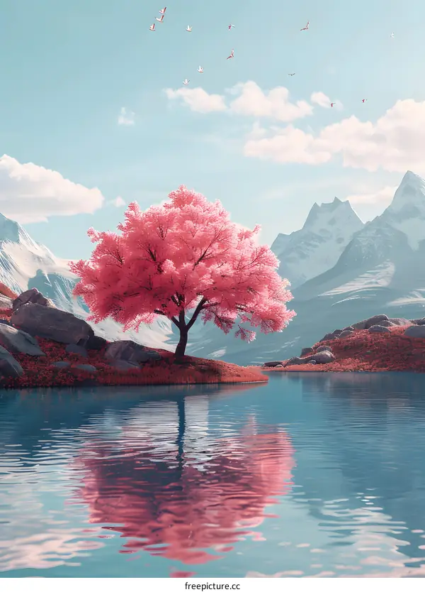 A Pink Tree by the Lake