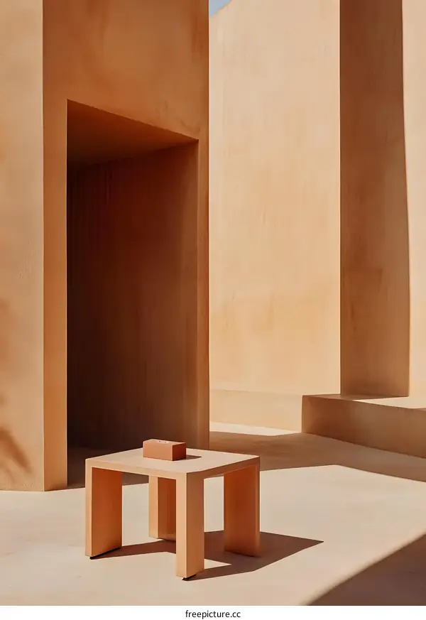 Minimalist Architecture with Simple Wooden Table and Box in Desert Setting