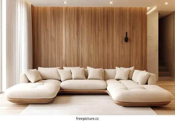 Modern Minimalist Living Room with Wooden Accent Wall