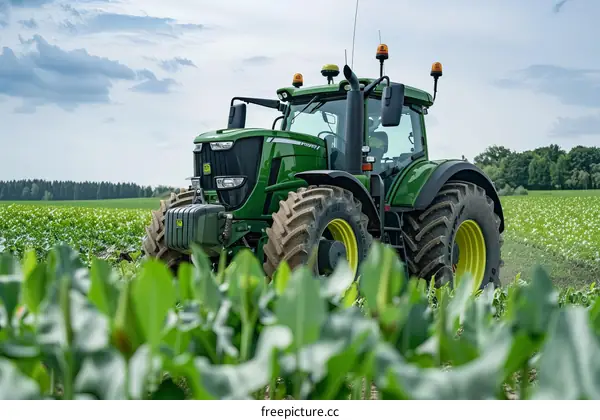 Green tractor in a field of green crops