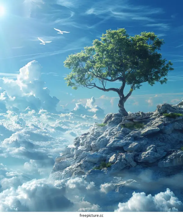 Serene Tree on a Mountain Peak Above Clouds