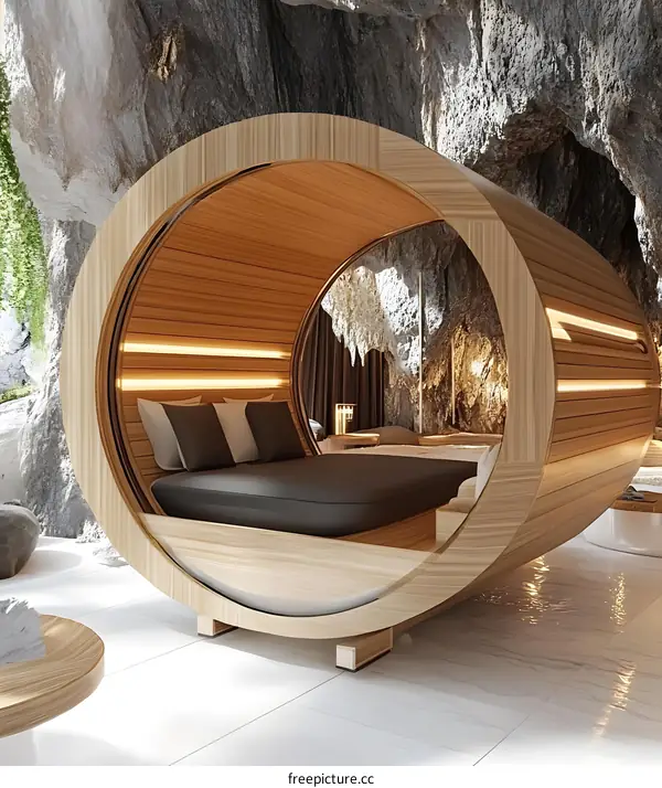 Modern Round Wooden Bed Design Inside Cave