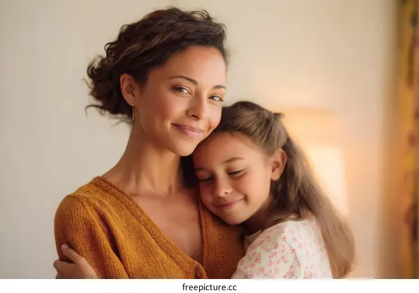Mother and Daughter Embrace Affectionately
