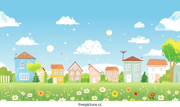 Cartoon Illustration of Colorful Houses with Green Grass and Blue Sky