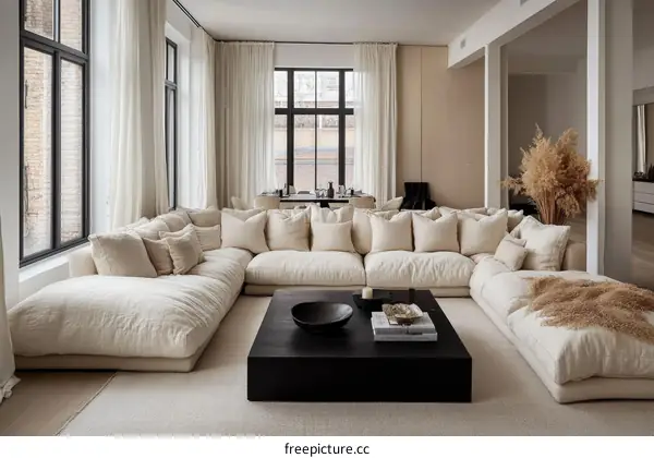 Modern Beige Sectional Sofa in Spacious Living Room