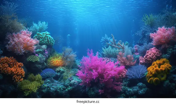 Underwater coral reef with many kinds of corals