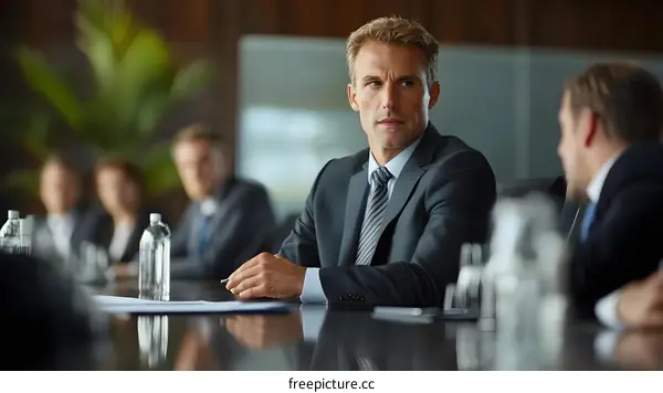 Businessman Sitting at Conference Table Looking Away from Camera