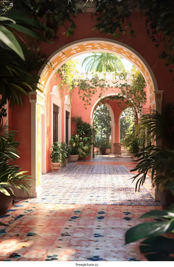 Arched Pathway in a Lush Garden with Palm Trees