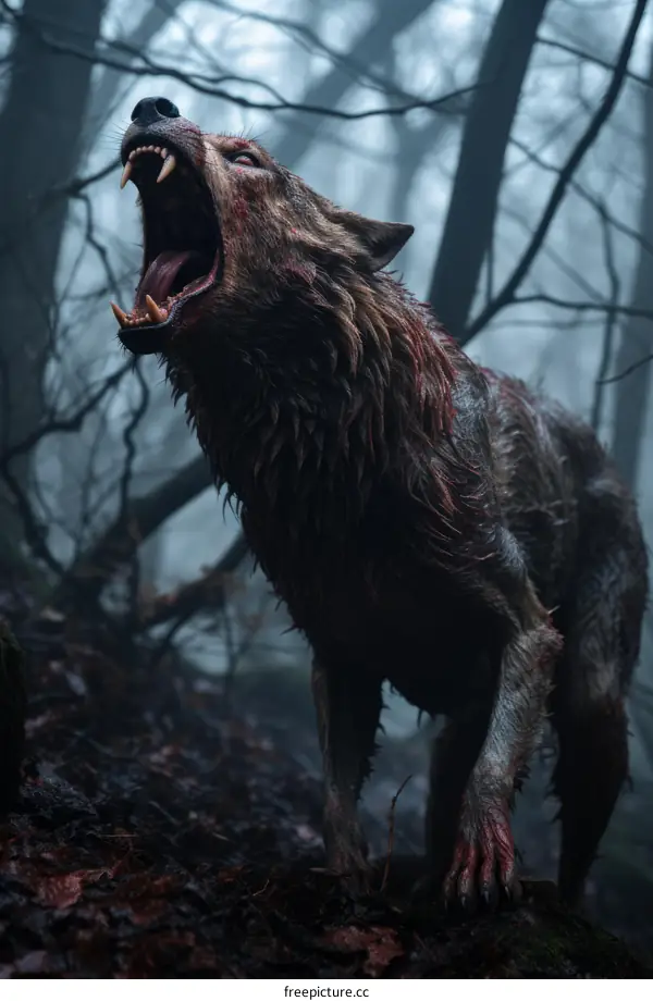 A werewolf stands in the forest and howls at the moon