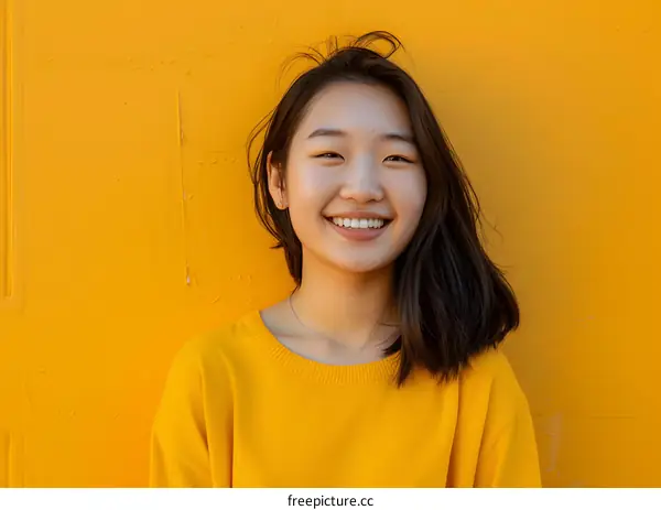 Smiling Asian Woman Wearing Yellow Sweatshirt