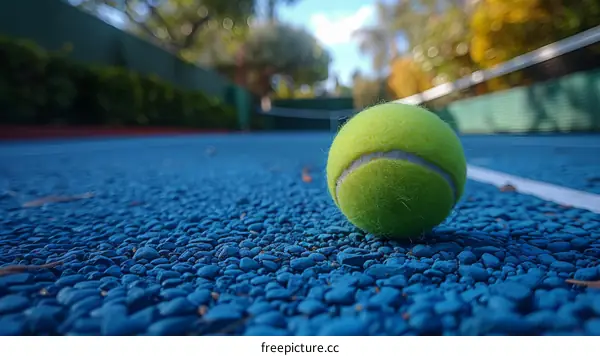 A green tennis ball on a blue textured court with a blurred background
