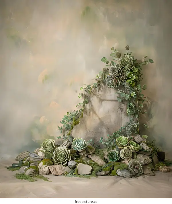 Succulents on a Stone with Green Background