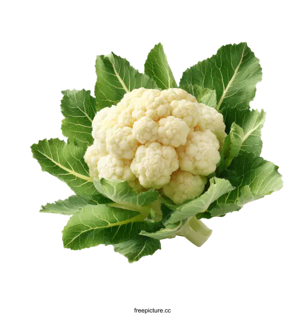 [Transparent Background PNG]Fresh Cauliflower Head with Green Leaves