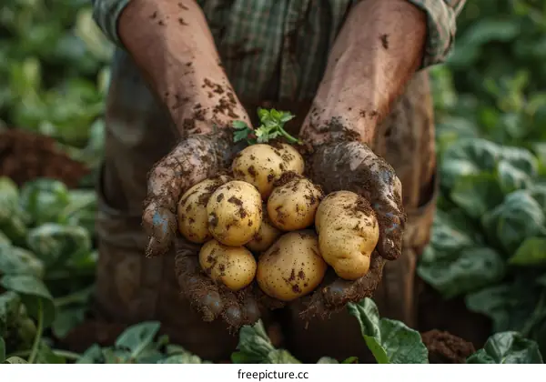 Farmer's hands holding freshly harvested organic potatoes