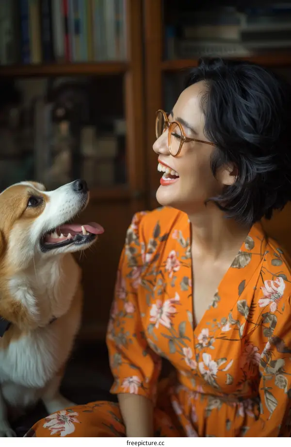 A woman is talking to a dog with a smile on her face