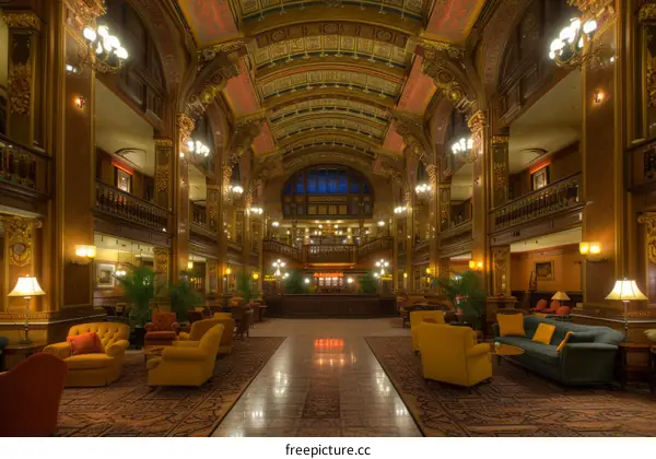 ornate hotel lobby with coffered ceiling and marble floor