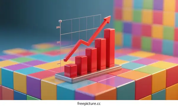 Upward Trend of Bar Chart with Red Arrow in Colorful Cubes