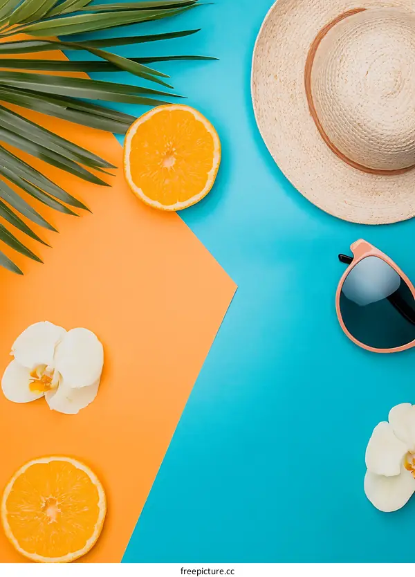 Summer Vacation Flat Lay with Oranges, Flowers, Hat and Sunglasses