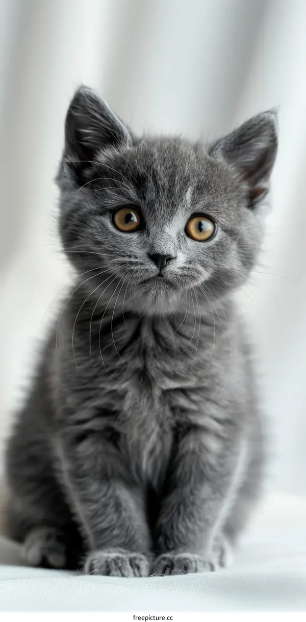A cute gray kitten is sitting on a white cloth