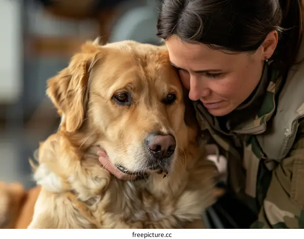 A woman in military uniform hugging a golden retriever dog