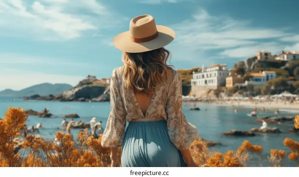 A woman in a straw hat is standing on a cliff and looking at the sea