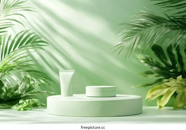 Elegant Green Product Display with Tropical Plants