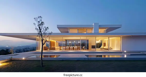 Modern White House with Large Windows and Pool